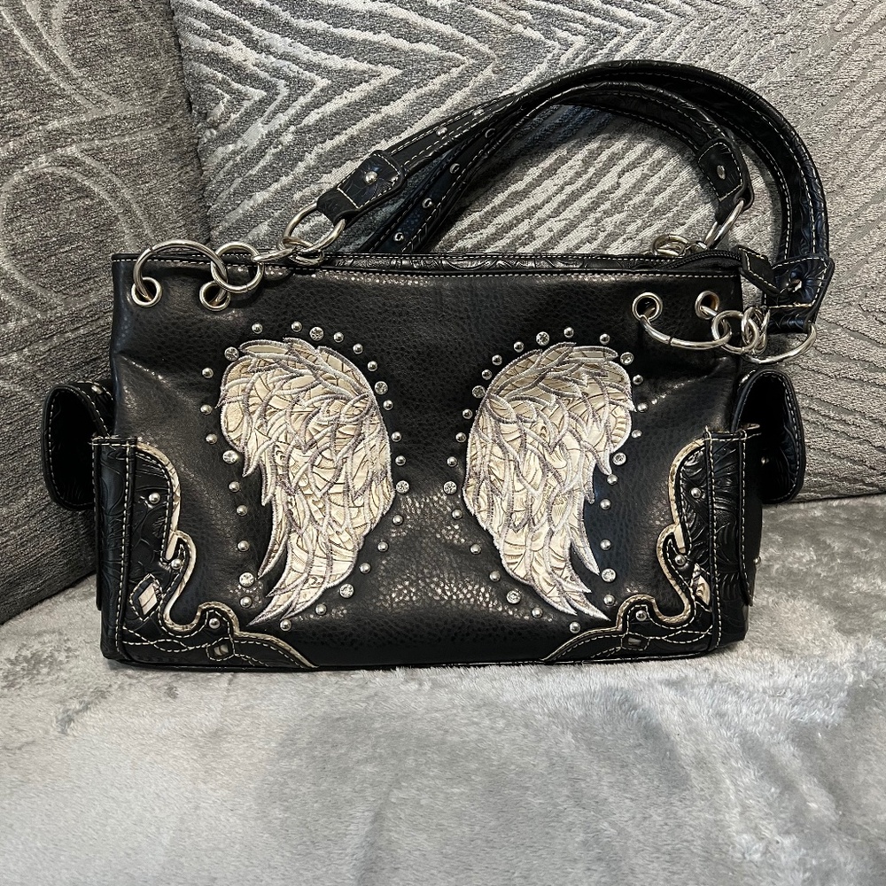 Leather Embroidered Angel Wings Handbag